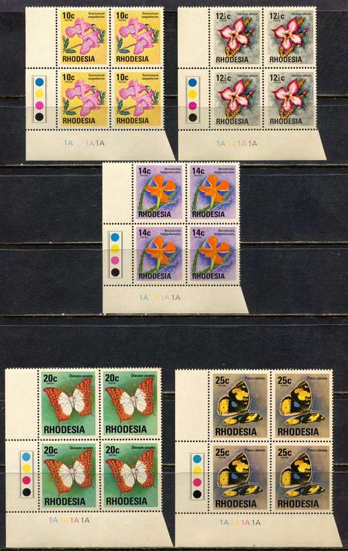 Rhodesia - Set of 15 Control Blocks of 4 - 1A  - Brown Gum Except 2.5c - 1974 - MNH