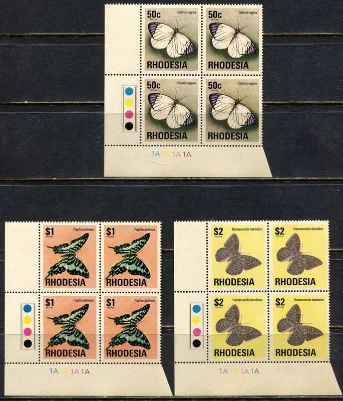 Rhodesia - Set of 15 Control Blocks of 4 - 1A  - Brown Gum Except 2.5c - 1974 - MNH