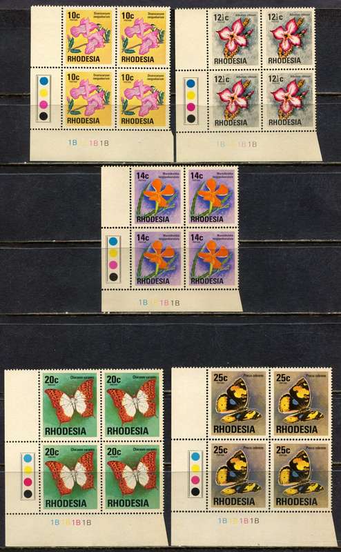 Rhodesia - Set of 15 Control Blocks of 4 - 1B  - Brown Gum Except 2.5c - 1974 - MNH