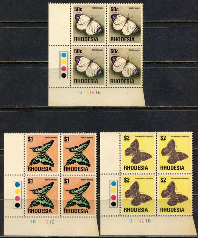 Rhodesia - Set of 15 Control Blocks of 4 - 1B  - Brown Gum Except 2.5c - 1974 - MNH