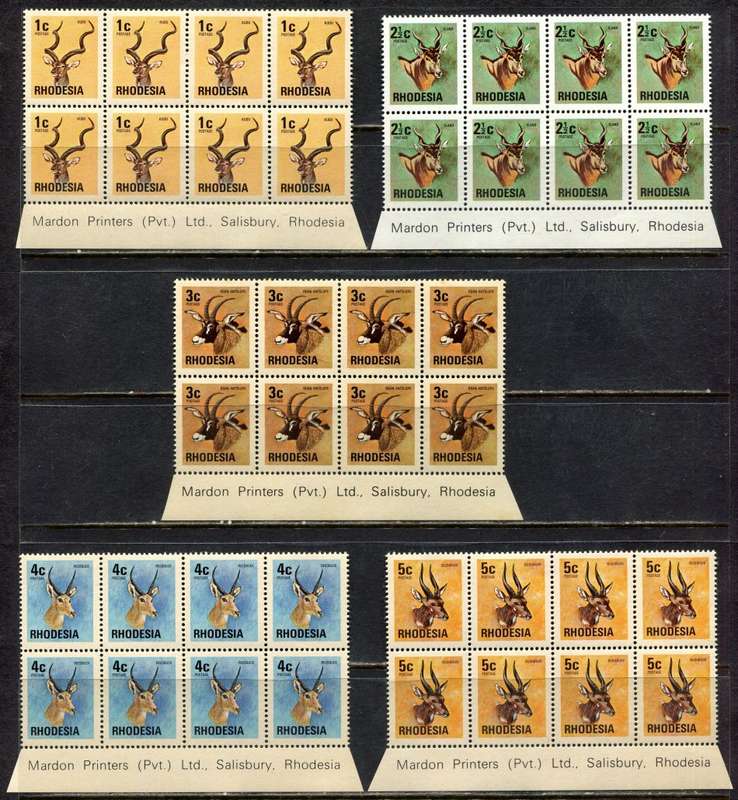 Rhodesia - Set of 15 Imprint Blocks of 8  - Brown Gum Except 2.5c - 1974 - MNH