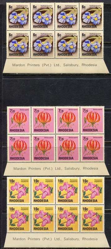 Rhodesia - Set of 15 Imprint Blocks of 8  - Brown Gum Except 2.5c - 1974 - MNH