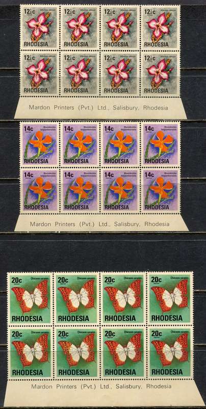 Rhodesia - Set of 15 Imprint Blocks of 8  - Brown Gum Except 2.5c - 1974 - MNH