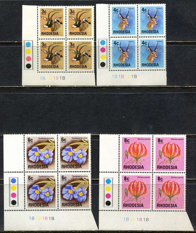 Rhodesia - 13 Control Blocks of 4 - 1B  - White Gum - 1976 - MNH