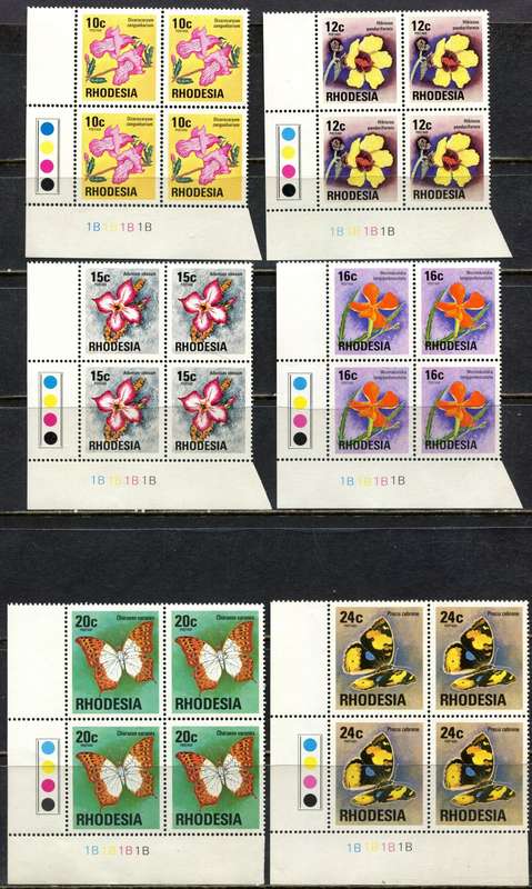 Rhodesia - 13 Control Blocks of 4 - 1B  - White Gum - 1976 - MNH