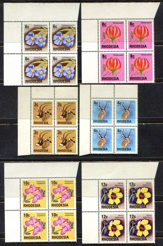 Rhodesia - 13 Top Left Corner Blocks of 4  - White Gum - 1976 - MNH