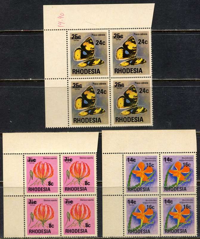 Rhodesia - Surcharges - Set Of 3 Top Left Corner Blocks of 4 - Brown Gum - 1976 - MNH