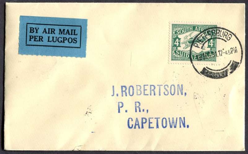 Union of SA - Flight Cover - Pietersburg to Cape Town