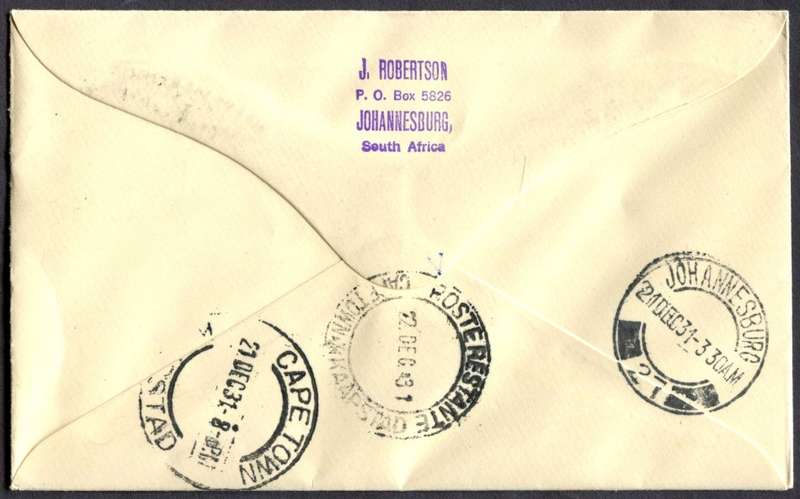 Union of SA - Flight Cover - Pietersburg to Cape Town