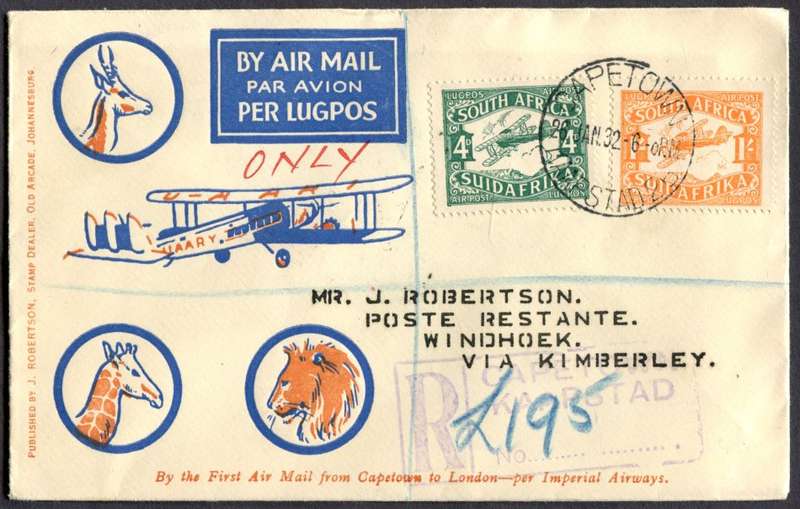 Union of SA - Registered Flight Cover - Cape Town to Windhoek via Kimberley