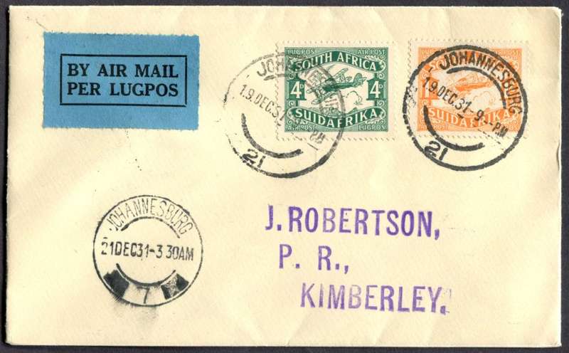 Union of SA - Flight Cover - Johannesburg to Kimberley