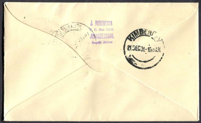 Union of SA - Flight Cover - Johannesburg to Kimberley
