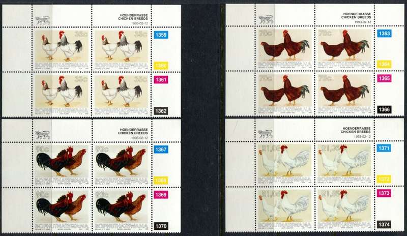 Bophuthatswana - Chickens - Set Of 4 Control Blocks Of 4 - 1993 - MNH