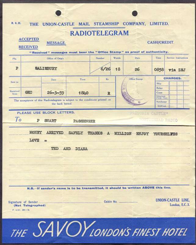 Union-Castle - Radio Telegram To Passenger Aboard the Pretoria Castle + Cover