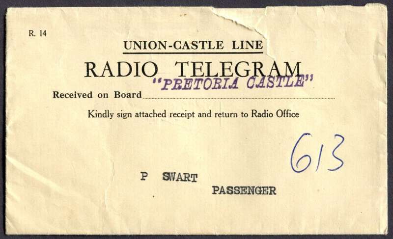Union-Castle - Radio Telegram To Passenger Aboard the Pretoria Castle + Cover