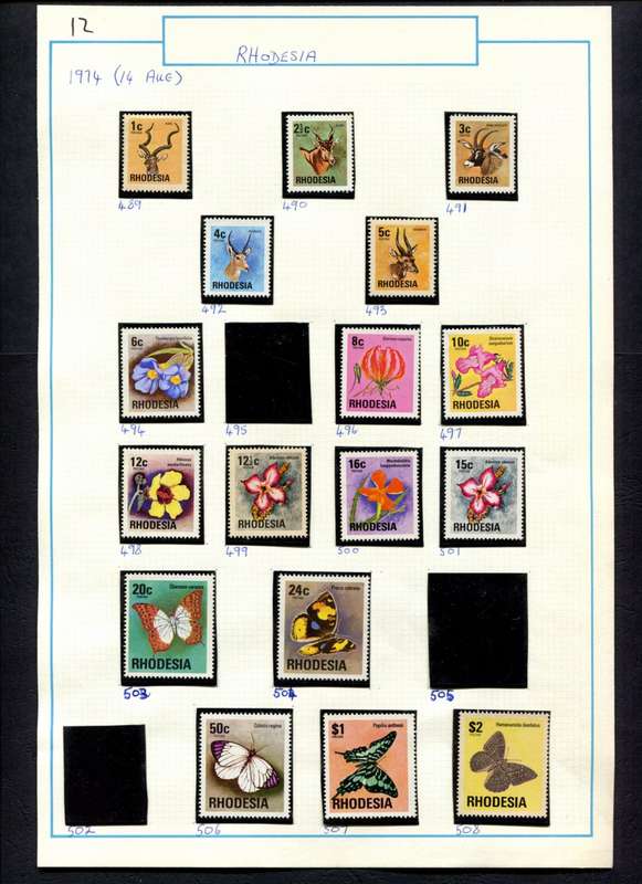 Rhodesia - 17 Stamps Mounted (Hinged) on Old Album Page