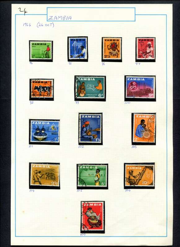 Zambia - 14 Stamps - Mounted (Hinged) on Old Album Page