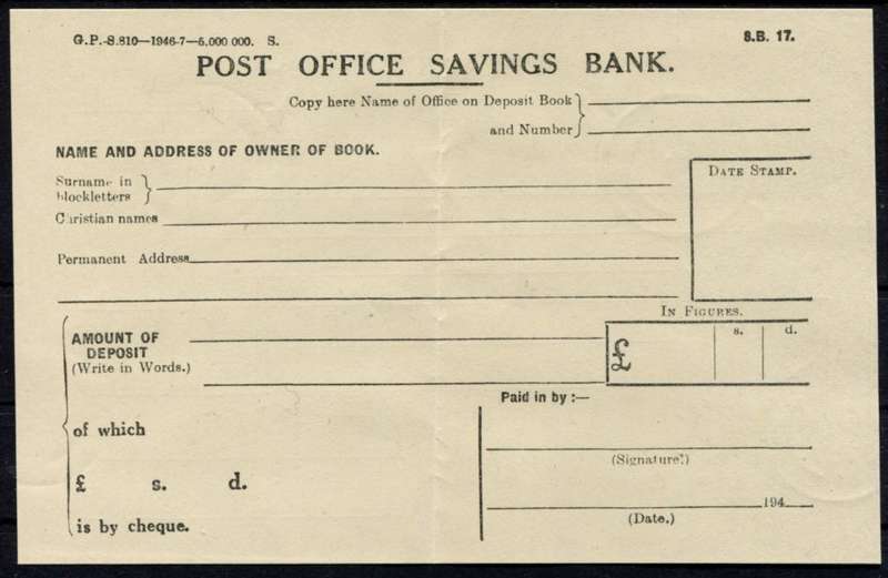 Union of SA - Post Office Savings Bank  Deposit Slip - 1946/7 - Unused