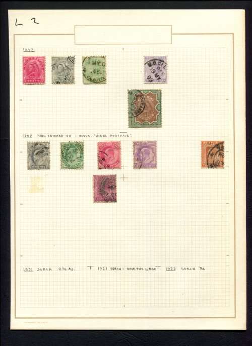 India - 11 Stamps Mounted (Hinged) on Old Album Page