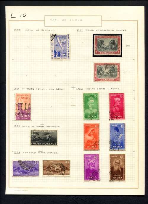 India - 13 Stamps Mounted (Hinged) on Old Album Page