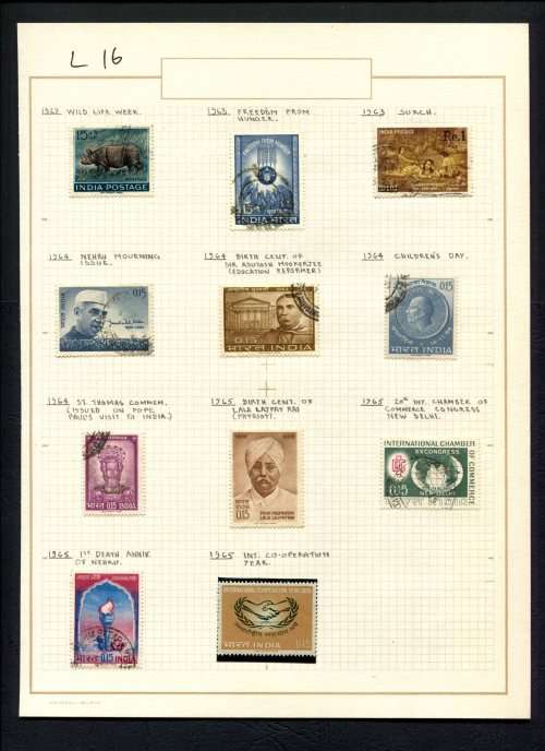 India - 11 Stamps Mounted (Hinged) on Old Album Page