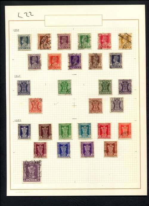 India - 29 Stamps Mounted (Hinged) on Old Album Page