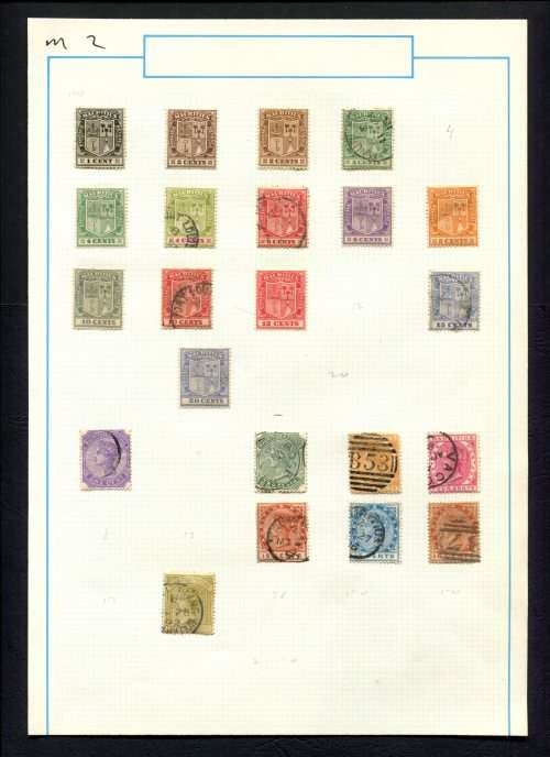 Mauritius - 22 Stamps Mounted (Hinged) on Old Album Page