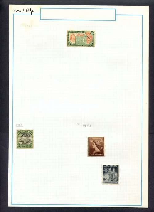 Cook Islands - 4 Stamps Mounted (Hinged) on Old Album Page