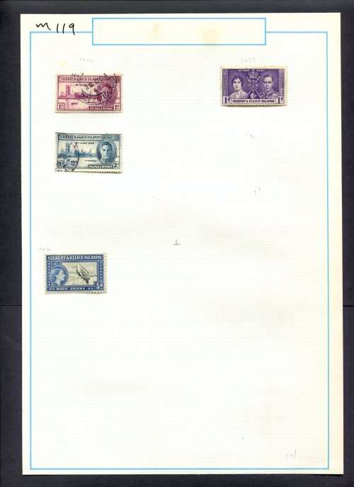 Gilbert and Ellice Islands - 4 Stamps Mounted (Hinged) on Old Album Page