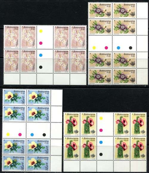 Botswana - Flowers - Set of 4 Control/Gutter Blocks of 8 - MNH