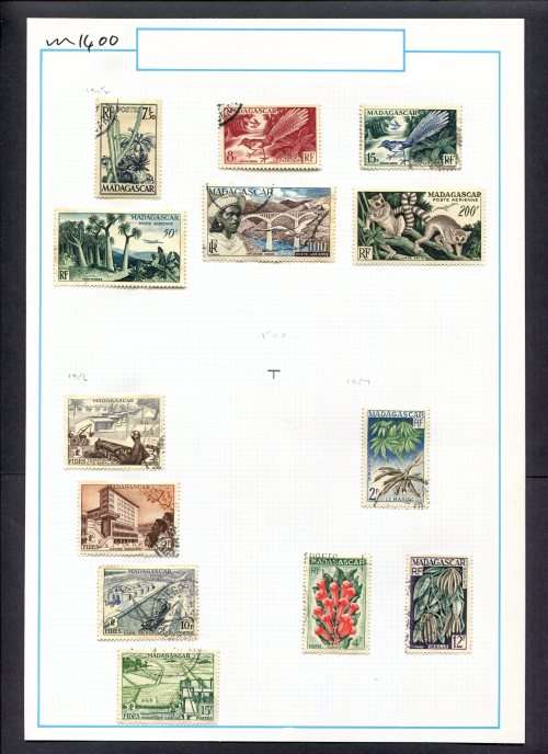 Madagascar - 13 Stamps Mounted (Hinged) On Old Album Page