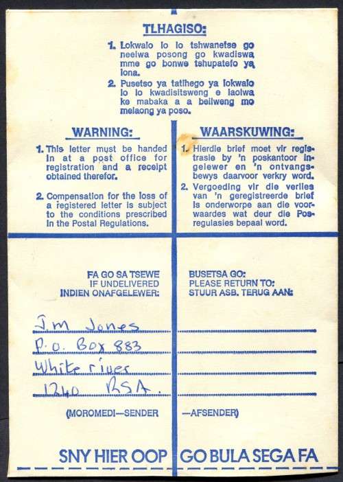 RSA - Bophuthatswana Pre-printed Registered Cover, Registered At Witrivier (RSA) Post Office