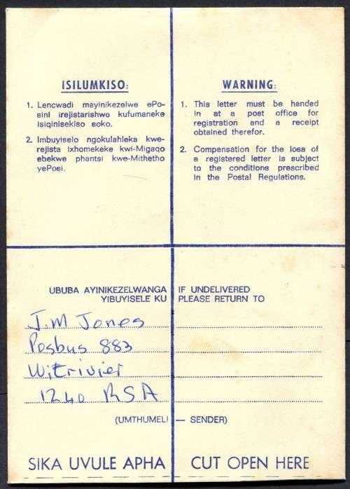 RSA - Ciskei Pre-printed Registered Cover, Registered At Witrivier (RSA) Post Office