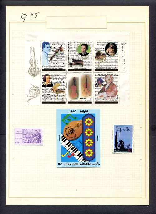 Music - 2 Stamps + 2 Miniature Sheets  Mounted(Hinged) on Old Album Page
