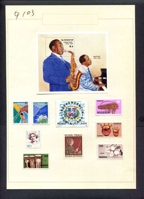 Music - 9 Stamps + 1 Miniature Sheet Mounted(Hinged) on Old Album Page