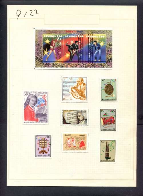Music - 8 Stamps + 1 Miniature Sheet Mounted(Hinged) on Old Album Page
