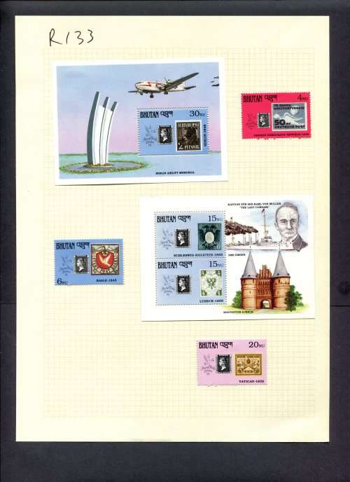 Stamps on Stamps - 3 Stamps + 2 Miniature Sheets  Mounted(Hinged) on Album Page
