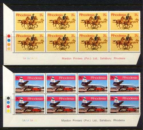 Rhodesia - Set of 4 Control/Imprint Blocks of 8 1A - 1970 - MNH - With Bleeding Leg Variety