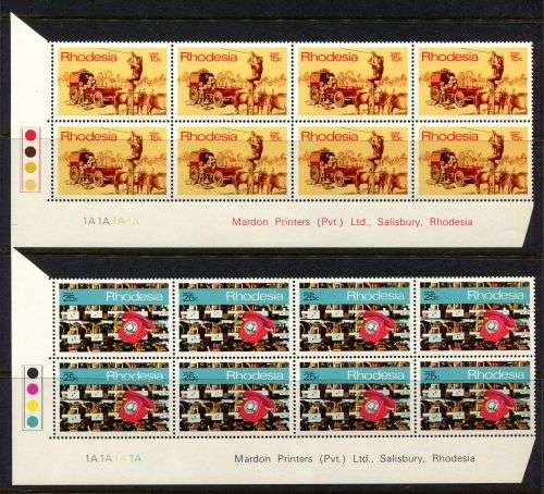 Rhodesia - Set of 4 Control/Imprint Blocks of 8 1A - 1970 - MNH - With Bleeding Leg Variety