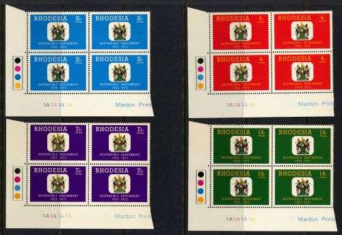 Rhodesia - Set of 4 Control Blocks of 4 1A - 1973 - MNH