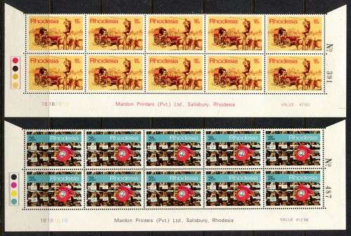 Rhodesia - Set of 4 Double Bottom Rows 1B of 10 - 1970 - MNH - Including Bleeding Leg Variety