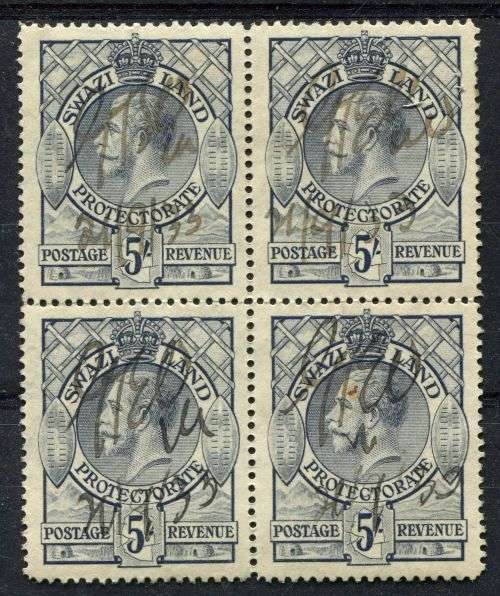 Swaziland - 1933 - 5/- Block of 4 Fiscally Used