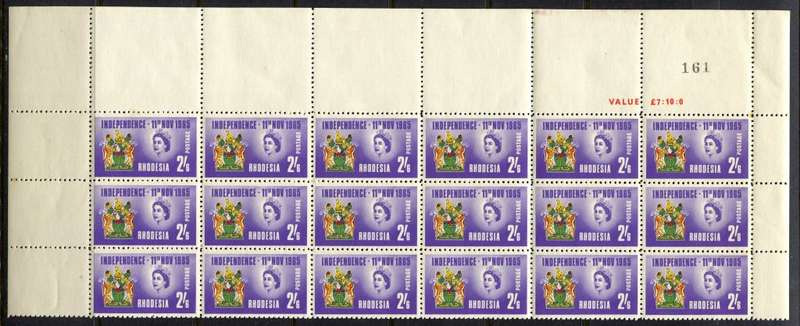 Rhodesia - Sheet Value/Number Block of 18 - 1965 - MNH - Some Toning