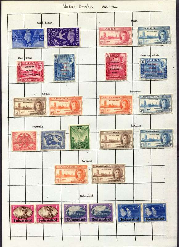 1945/6 Victory - Complete Omnibus of 164 Stamps Mounted (Hinged) on 8 Album Pages - All Mounted Mint