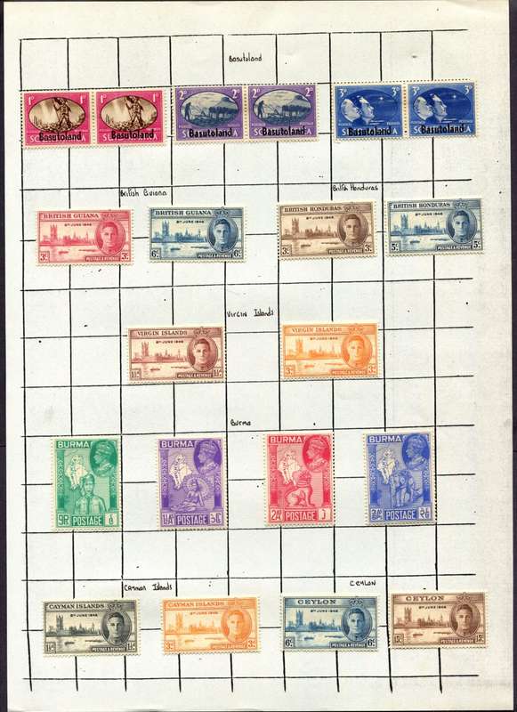 1945/6 Victory - Complete Omnibus of 164 Stamps Mounted (Hinged) on 8 Album Pages - All Mounted Mint