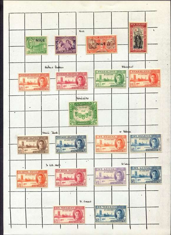 1945/6 Victory - Complete Omnibus of 164 Stamps Mounted (Hinged) on 8 Album Pages - All Mounted Mint