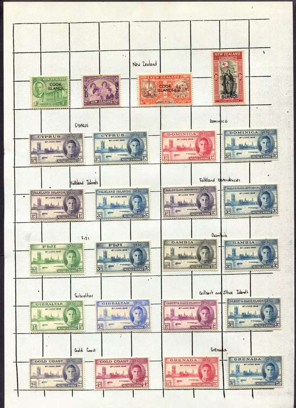 1945/6 Victory - Complete Omnibus of 164 Stamps Mounted (Hinged) on 8 Album Pages - All Mounted Mint