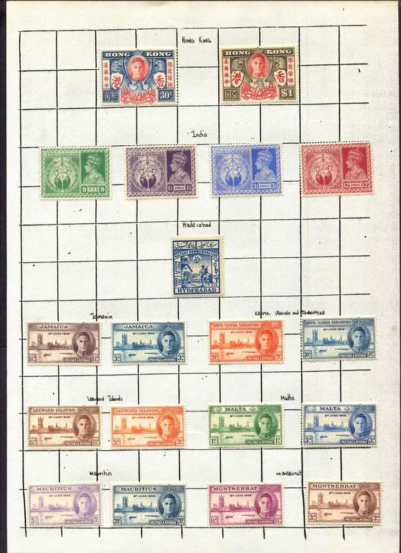 1945/6 Victory - Complete Omnibus of 164 Stamps Mounted (Hinged) on 8 Album Pages - All Mounted Mint