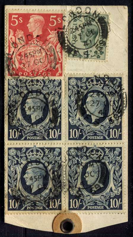 Great Britain - Block of 4 Dark Blue 1939 10/-`s Used On Parcel Ticket