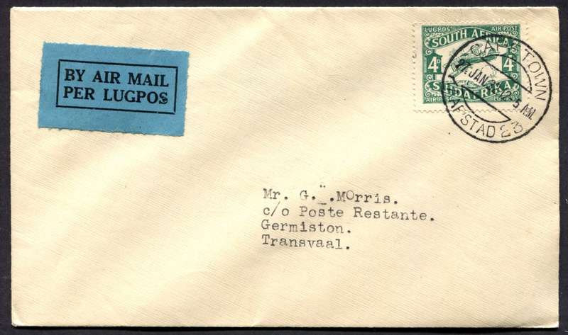 Union of SA - Flight Cover - Cape Town to Germiston